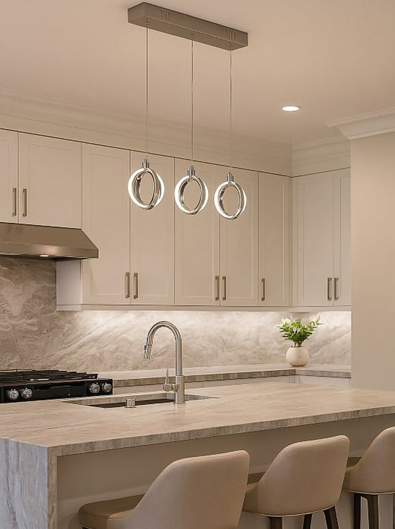 Three Hanging Pendant Light with Chrome Frame and White Acrylic Diffuser by Bethel - view 5
