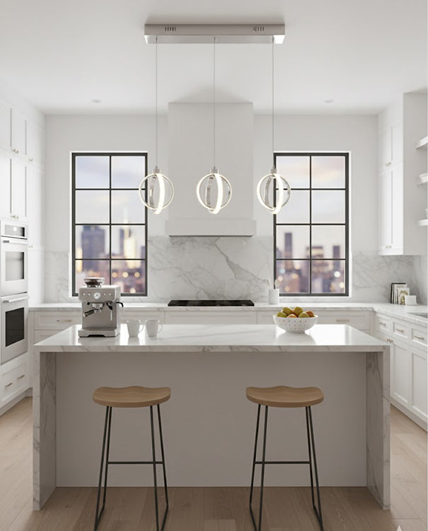 Three Hanging Pendant Light with Chrome Frame and White Acrylic Diffuser by Bethel - view 6