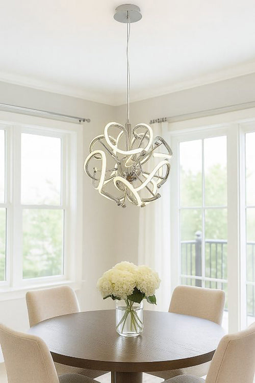 Round Chrome LED Chandelier with Spiral Lights &amp; White Silicone Diffusers