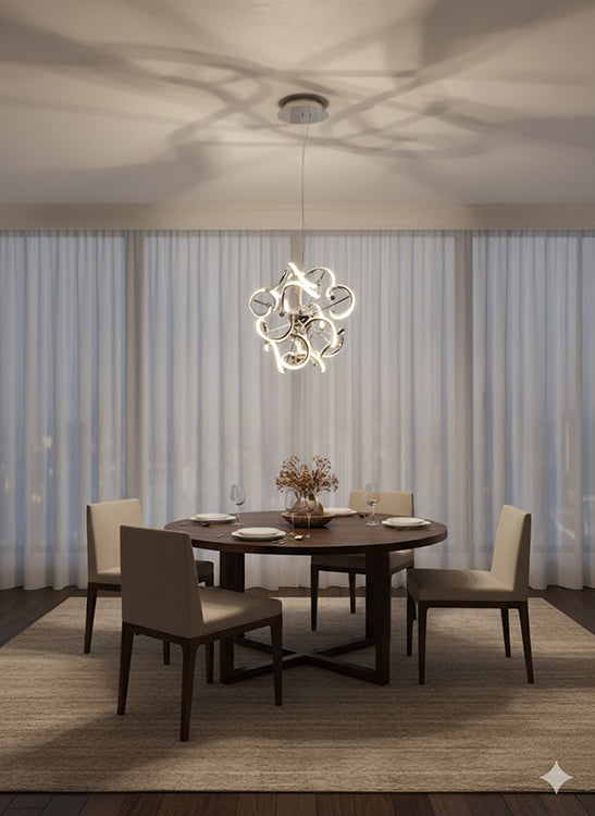 Round Chrome LED Chandelier with Spiral Lights &amp; White Silicone Diffusers