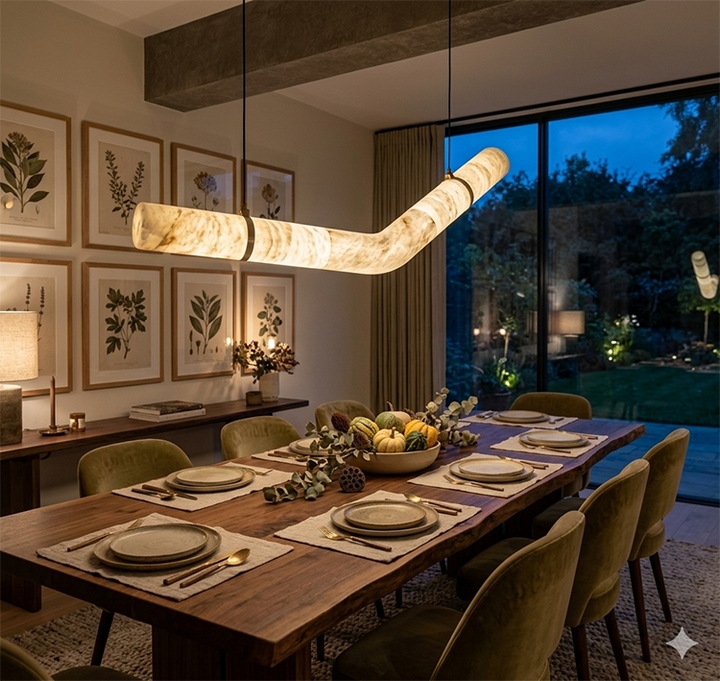 Natural Alabaster LED Chandelier with Finish &amp; Leather Detailing