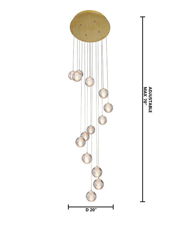 Flushed Chandelier with Hanging Clear Bubble Crystal Pendants &amp; Gold Hardware Each