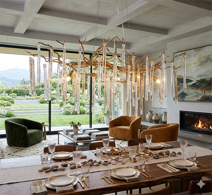 Solid Copper Branch Chandelier with Clear and Champagne Glass Drops by Bethel - view 4