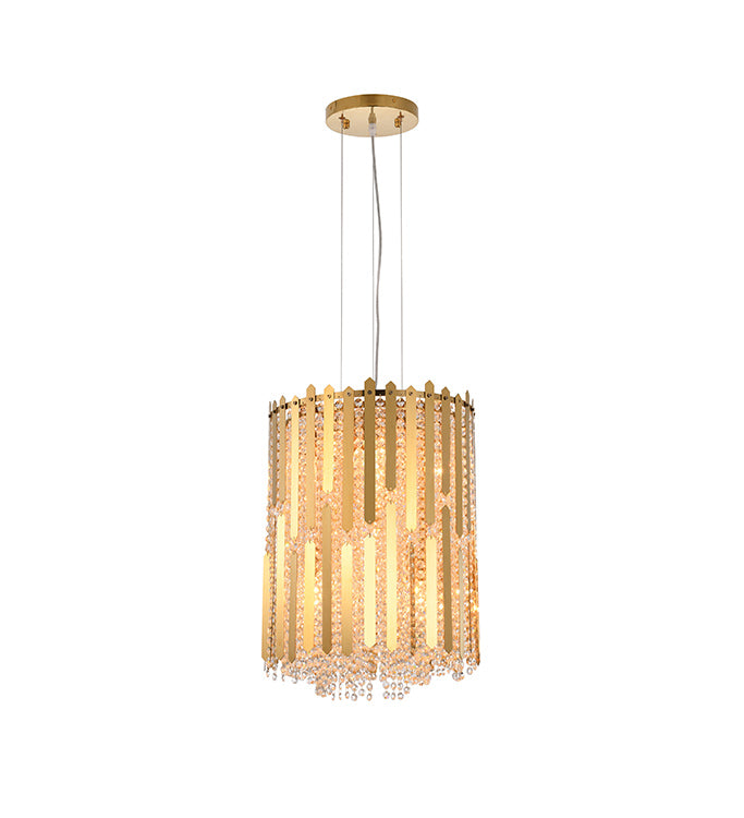 Gold Stainless Steel Frame Pendant Light with Clear Hanging Crystal Beads by Bethel