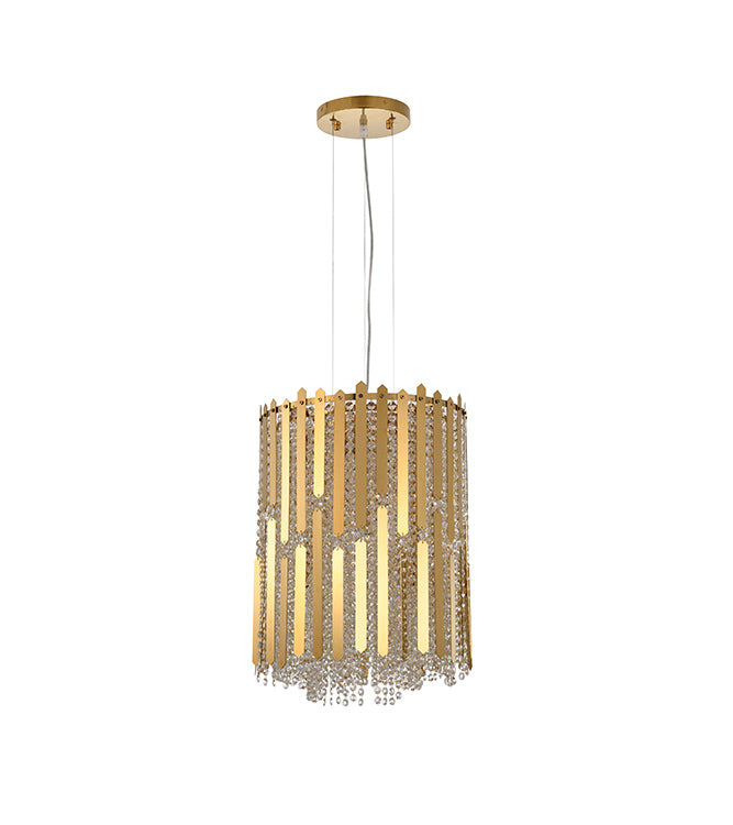 Gold Stainless Steel Frame Pendant Light with Clear Hanging Crystal Beads by Bethel - view 3