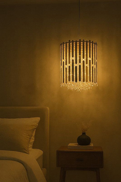 Gold Stainless Steel Frame Pendant Light with Clear Hanging Crystal Beads by Bethel - view 4