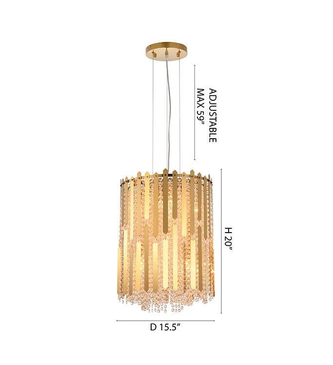 Gold Stainless Steel Frame Pendant Light with Clear Hanging Crystal Beads by Bethel - view 8