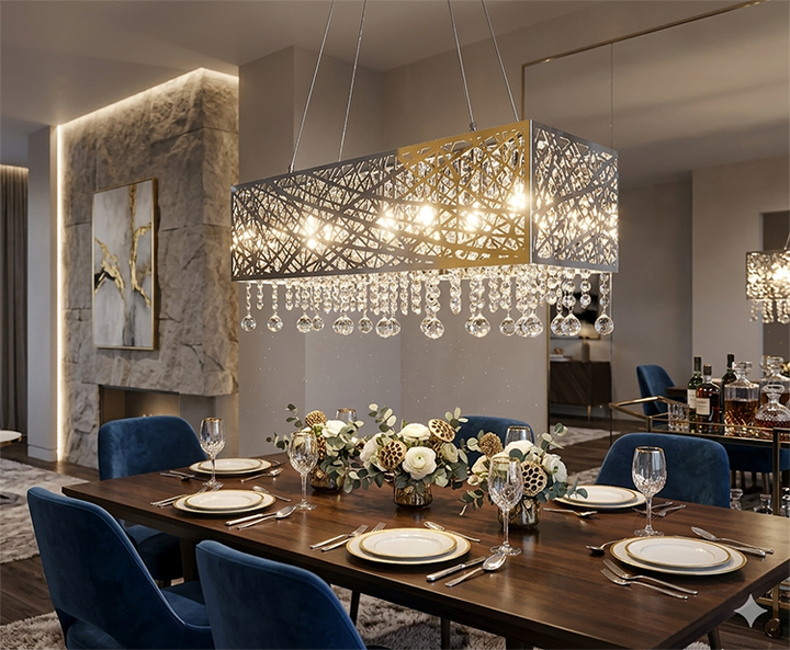 Stainless Steel Laser Cut Rectangular Frame with Hanging Clear Crystals Chandelier by Bethel - view 4