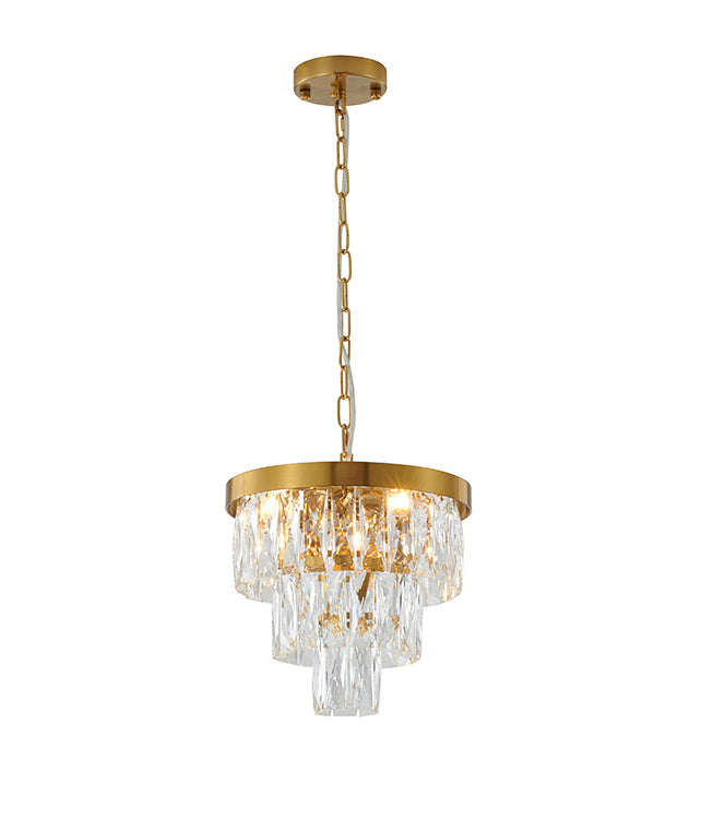 Three Tier Chandelier with Clear Hanging Crystals &amp; Gold Hardware