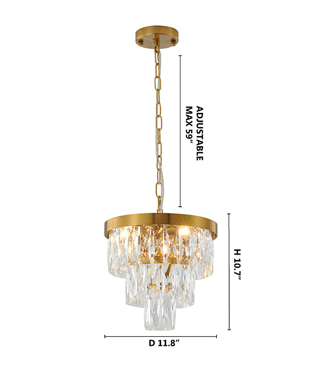 Three Tier Chandelier with Clear Hanging Crystals &amp; Gold Hardware