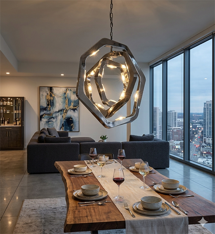 Chrome Triple Ring LED Chandelier with Clear Crystal Accents by Bethel - view 4
