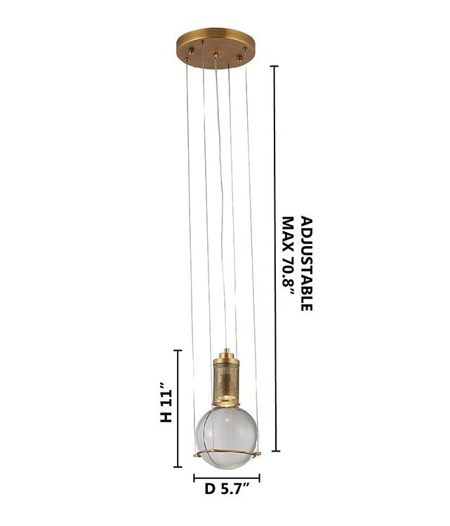 Antique Brass Metal Frame Single Pendant Light with Clear Crystal Ball by Bethel - view 7