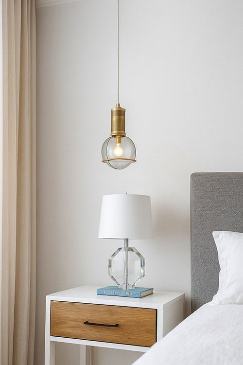 Antique Brass Metal Frame Single Pendant Light with Clear Crystal Ball by Bethel - view 9