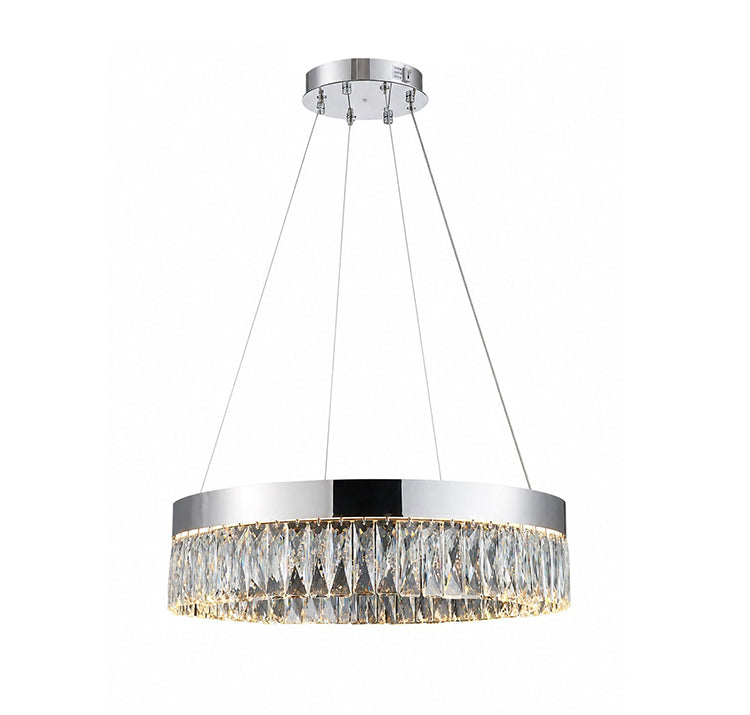 Round Frame LED Chandelier with Clear Hanging Crystals in Chrome by Bethel