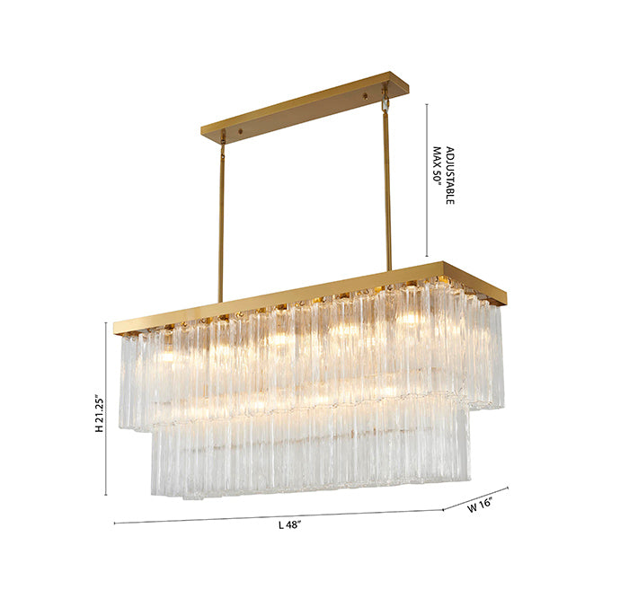 Satin Brass Rectangular Frame Chandelier with Clear Hanging Ribbed Glass by Bethel - view 8