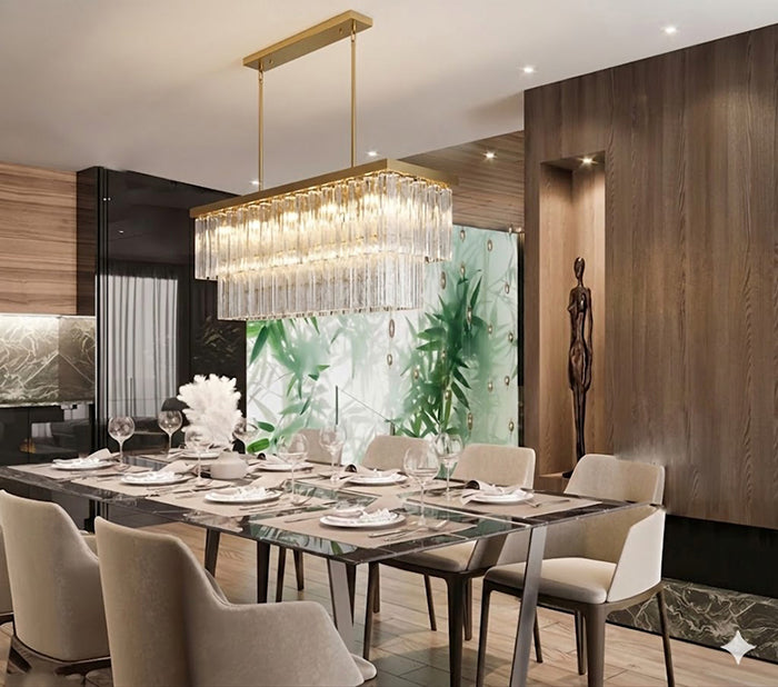 Satin Brass Rectangular Frame Chandelier with Clear Hanging Ribbed Glass by Bethel - view 9