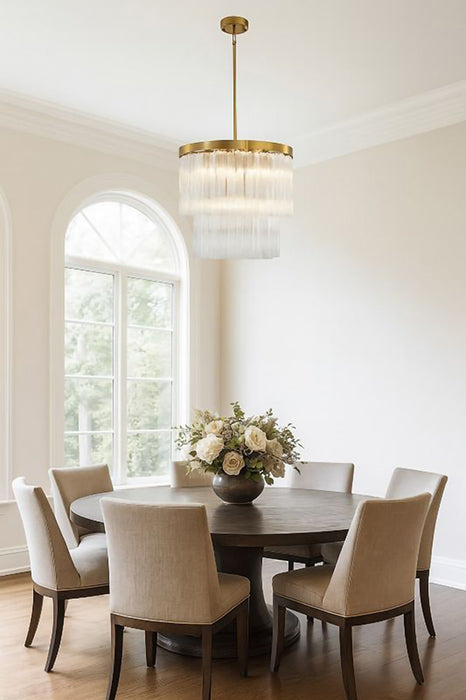 Round Satin Brass Frame Chandelier with Clear Hanging Ribbed Glass by Bethel - view 9