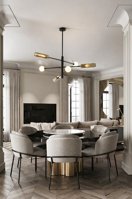 Black and Gold Metal Frame Chandelier with White Glass Shades by Bethel - view 7