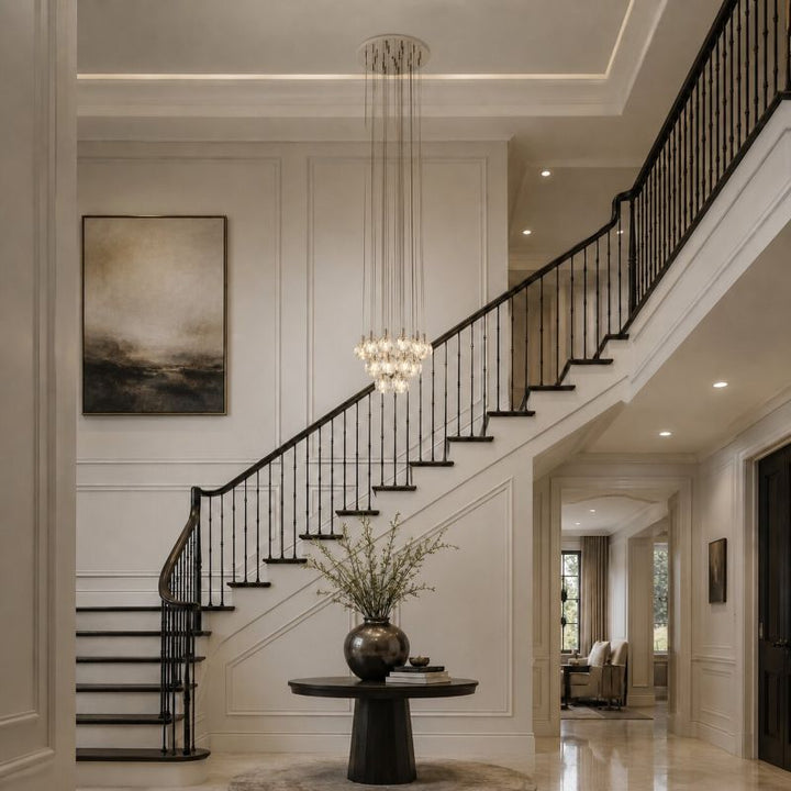 Polished Nickel Flushed Chandelier with Hanging Clear Crystal Pendants by Bethel - view 7
