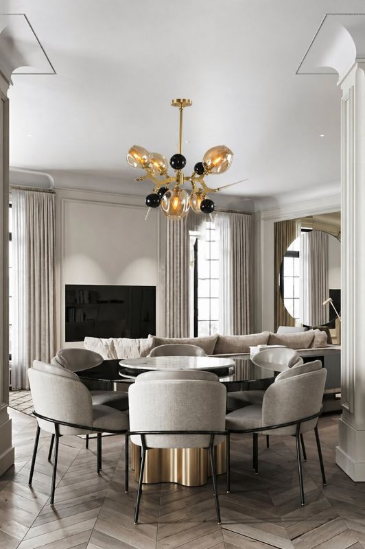 Gold Aluminum Frame Light Fixture with Amber Glass Shades, Black Glass Globes, by Bethel - view 5