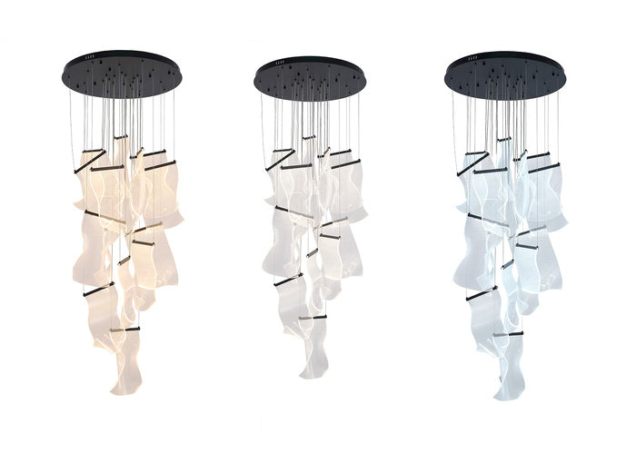 Flushed Chandelier with Acrylic Crumbled Sheet Hanging Pendants in Satin Black by Bethel