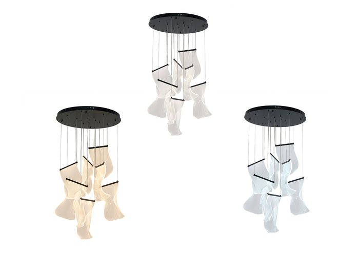 Flushed Chandelier with Acrylic Crumbled Sheet Hanging Pendants in Satin Black by Bethel