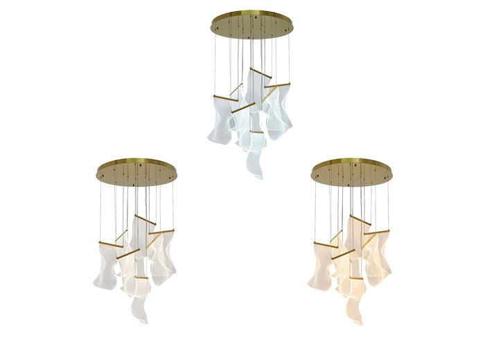 Flushed Chandelier with Acrylic Crumbled Sheet Hanging Pendants in Brass by Bethel