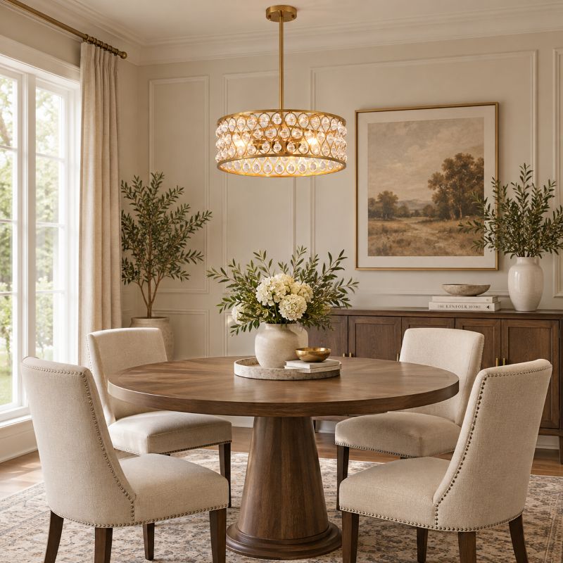 Gold Metal Framed Chandelier with Clear Crystal Hanging Drops by Bethel - view 9