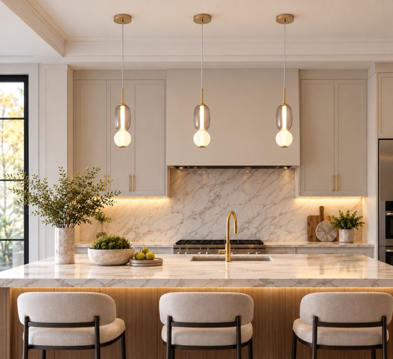 White &amp; Grey Glass LED Pendant Light with Gold Hardware