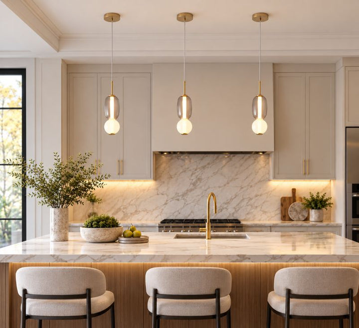 White &amp; Grey Glass LED Pendant Light with Gold Hardware