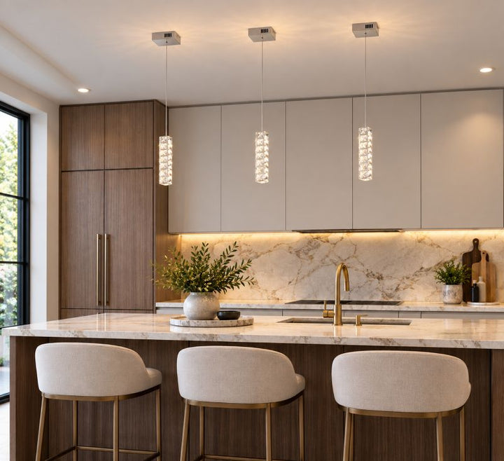 Triple Sided Clear Crystal Single Pendant LED Light Fixture with Chrome Stainless by Bethel - view 7