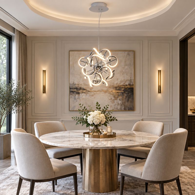 Round Chrome LED Chandelier with Spiral Lights &amp; White Silicone Diffusers