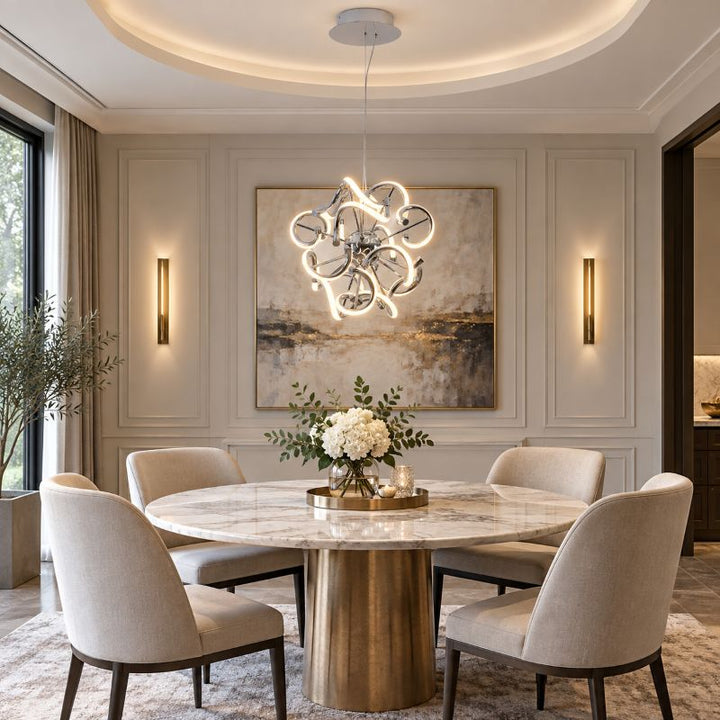 Round Chrome LED Chandelier with Spiral Lights &amp; White Silicone Diffusers