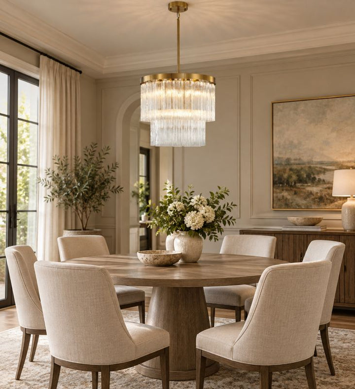 Round Satin Brass Frame Chandelier with Clear Hanging Ribbed Glass by Bethel - view 10
