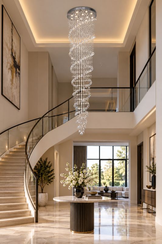 Round Flushed Chrome Frame Chandelier with Double Spiral of Hanging Clear Crystals by Bethel - view 4