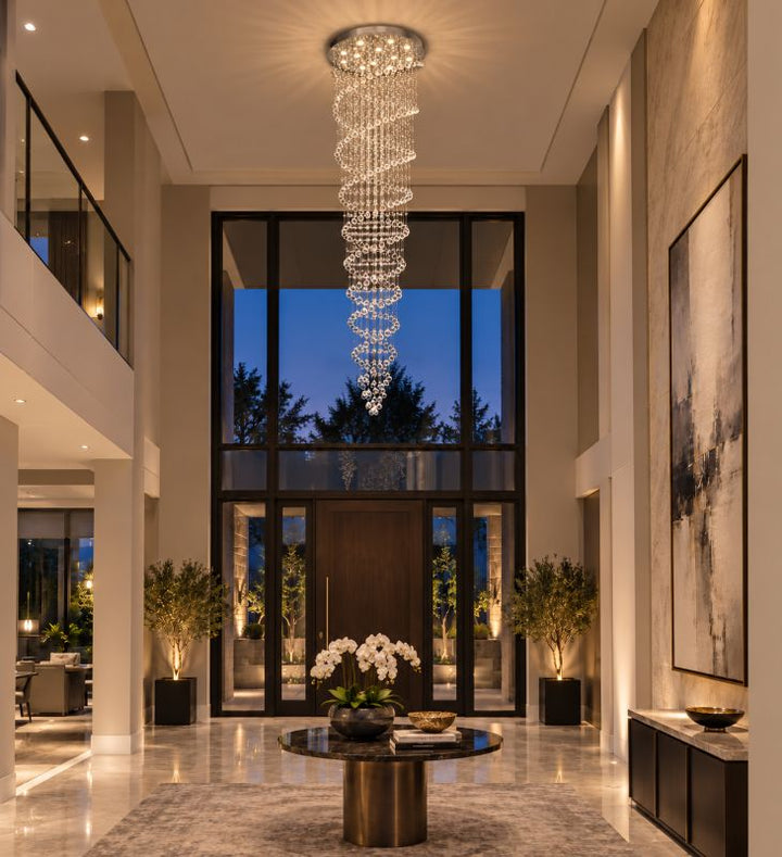 Round Flushed Chrome Frame Chandelier with Spiral of Hanging Clear Crystals by Bethel - view 6