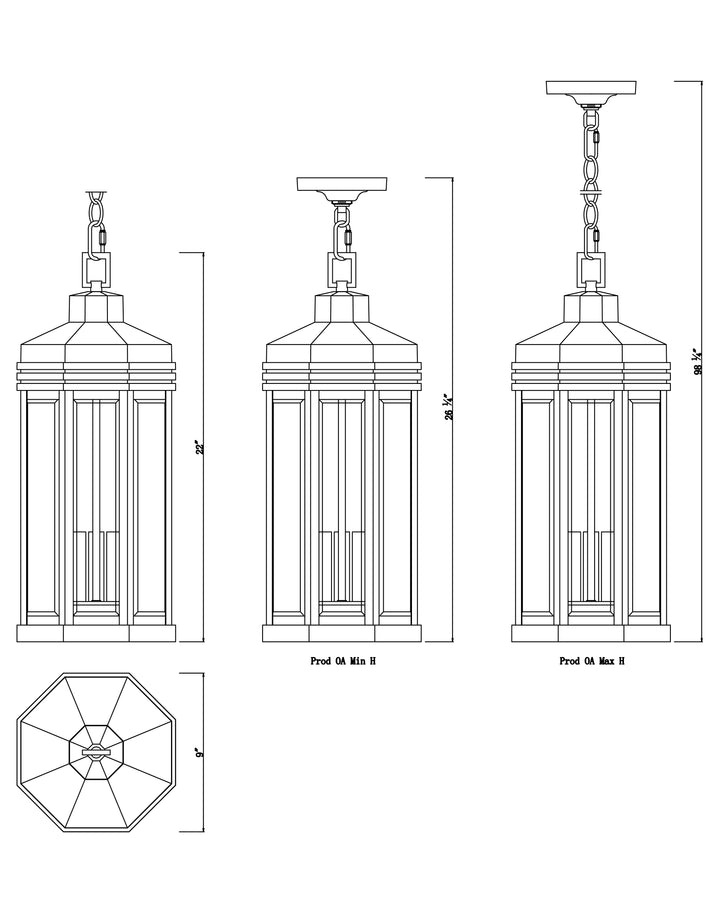 Wright 3-Light Outdoor Pendant dimensions diagram