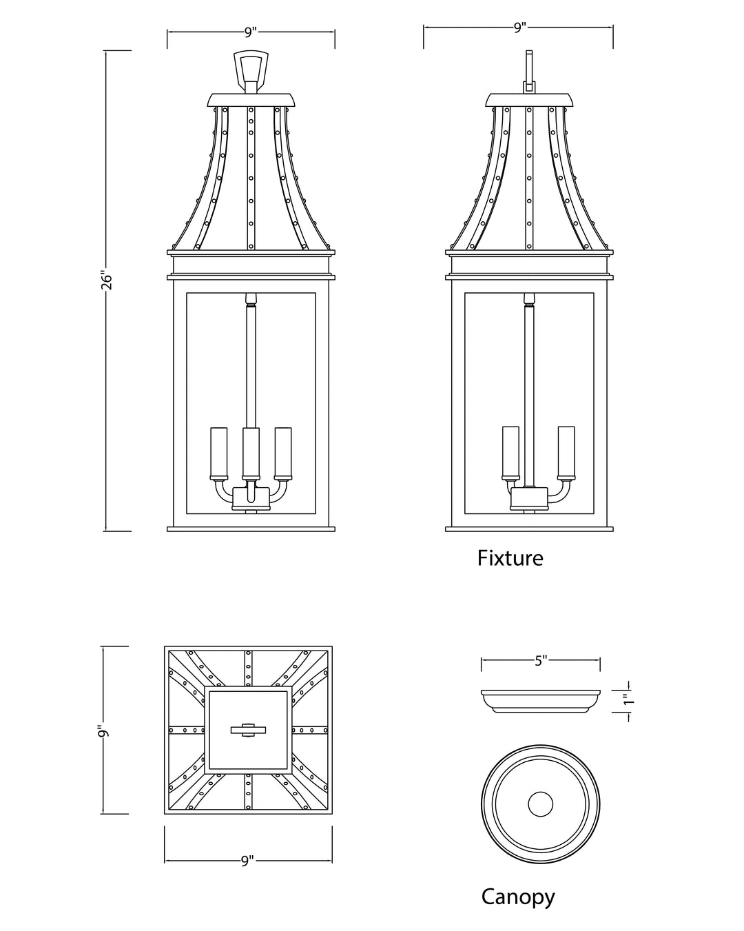 Bramwell VX 3-Light Outdoor Pendant dimensions diagram