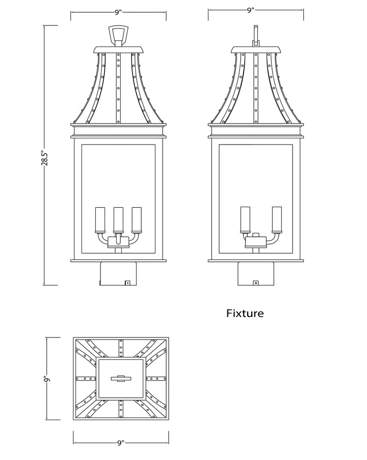 Bramwell VX 3-Light Outdoor Post dimensions diagram
