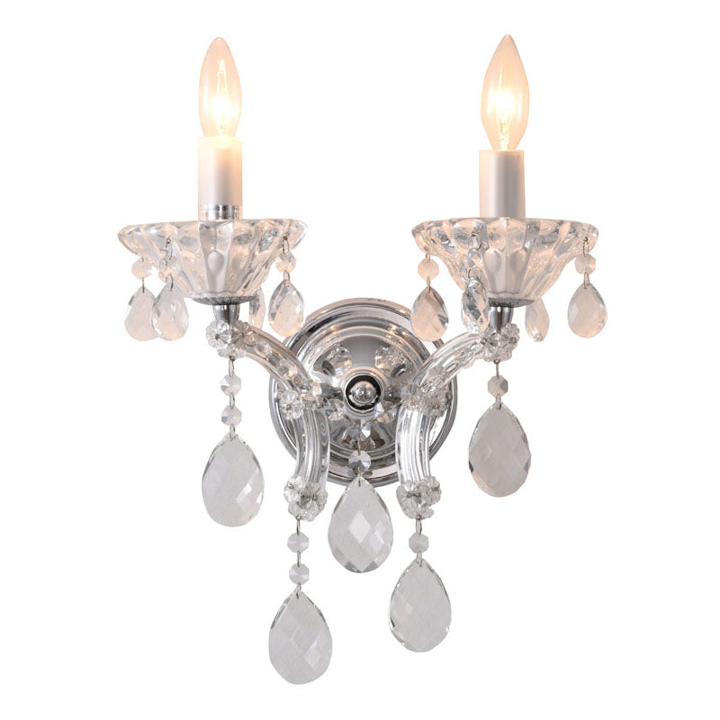 Clear Crystal Two Arm Wall Sconce with Hardware in Chrome by Bethel
