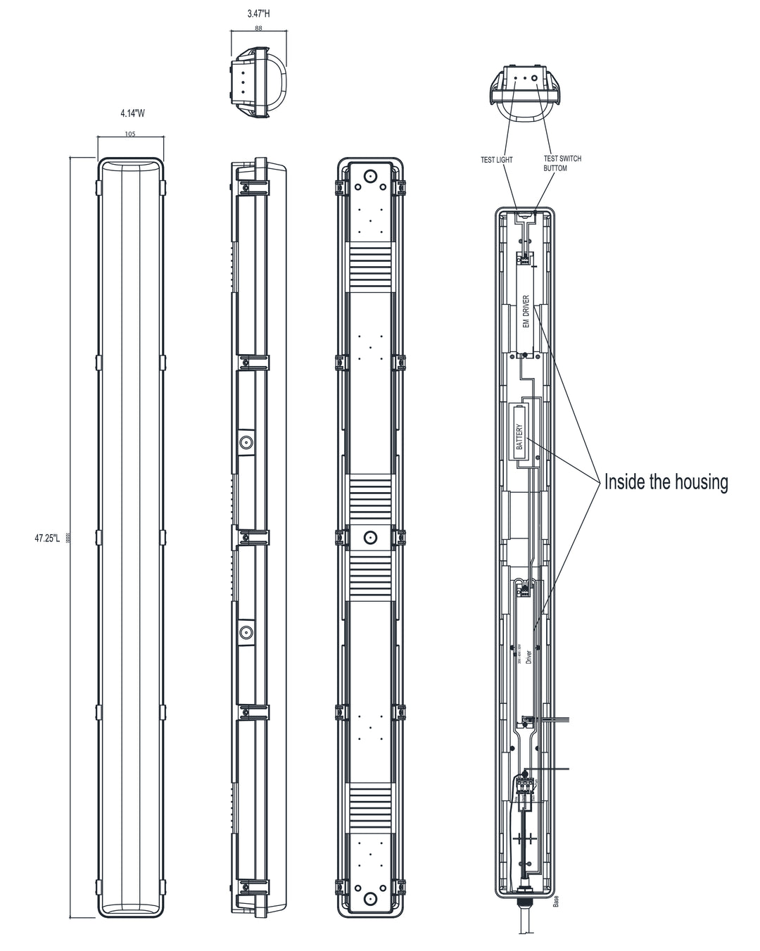Vaportight Flush Mount EM Battery dimensions diagram