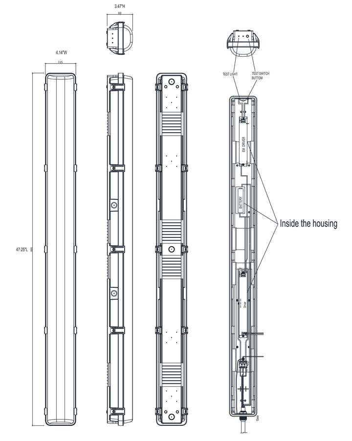Vaportight Flush Mount EM Battery dimensions diagram