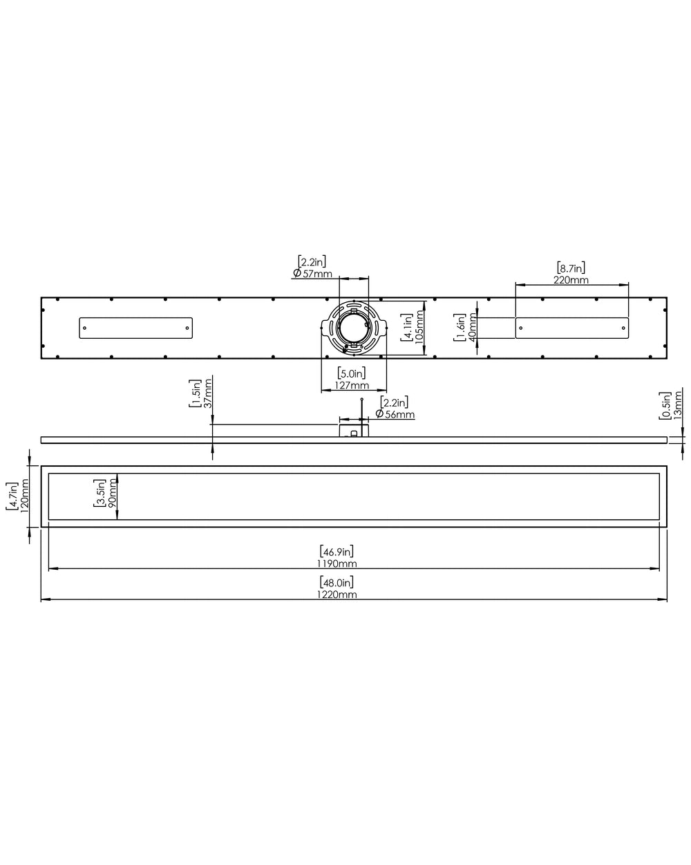 Wafer 4.5"x48" Linear LED Surface Mount 4000K dimensions diagram