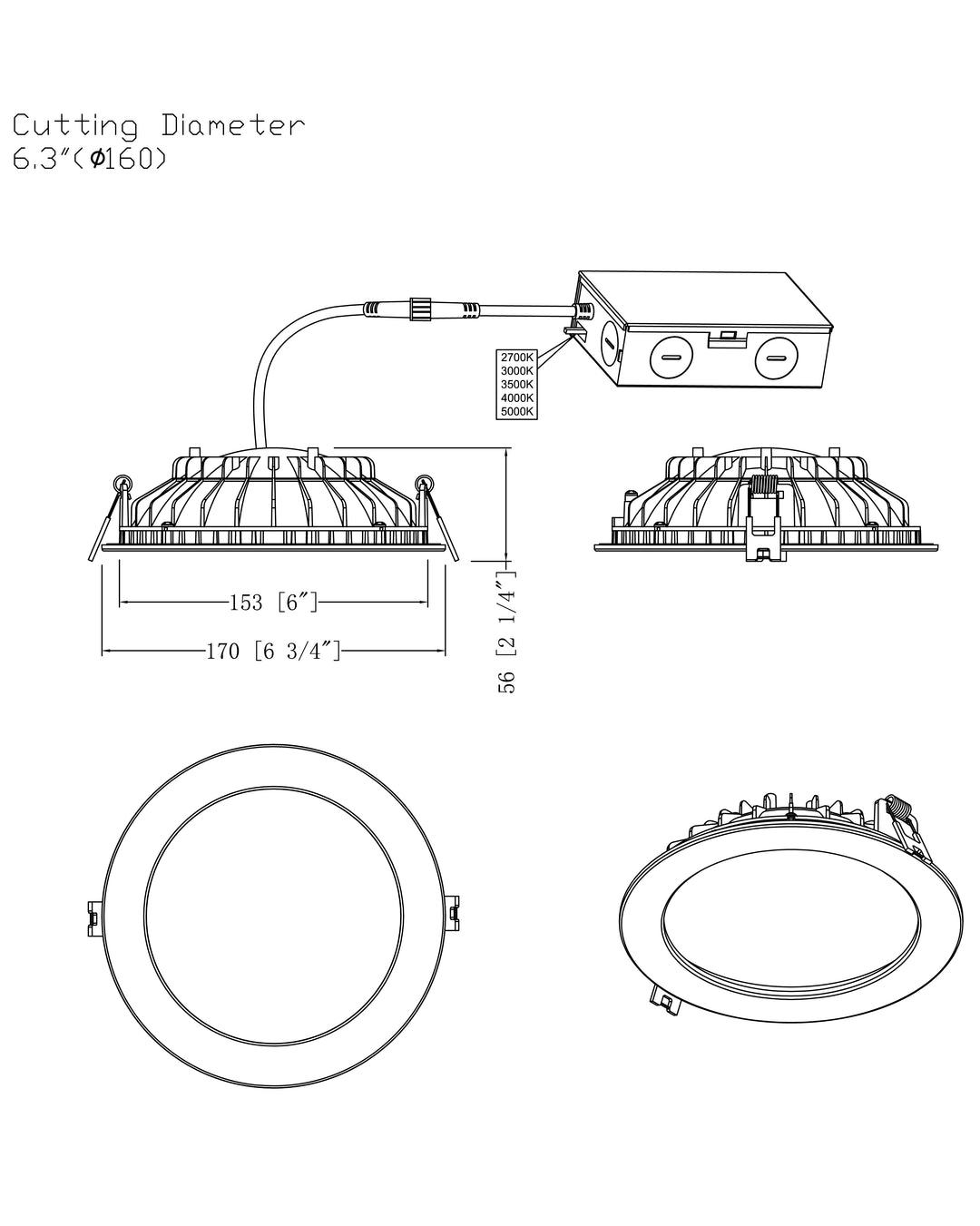 Cove LED Recessed Downlight 5CCT dimensions diagram
