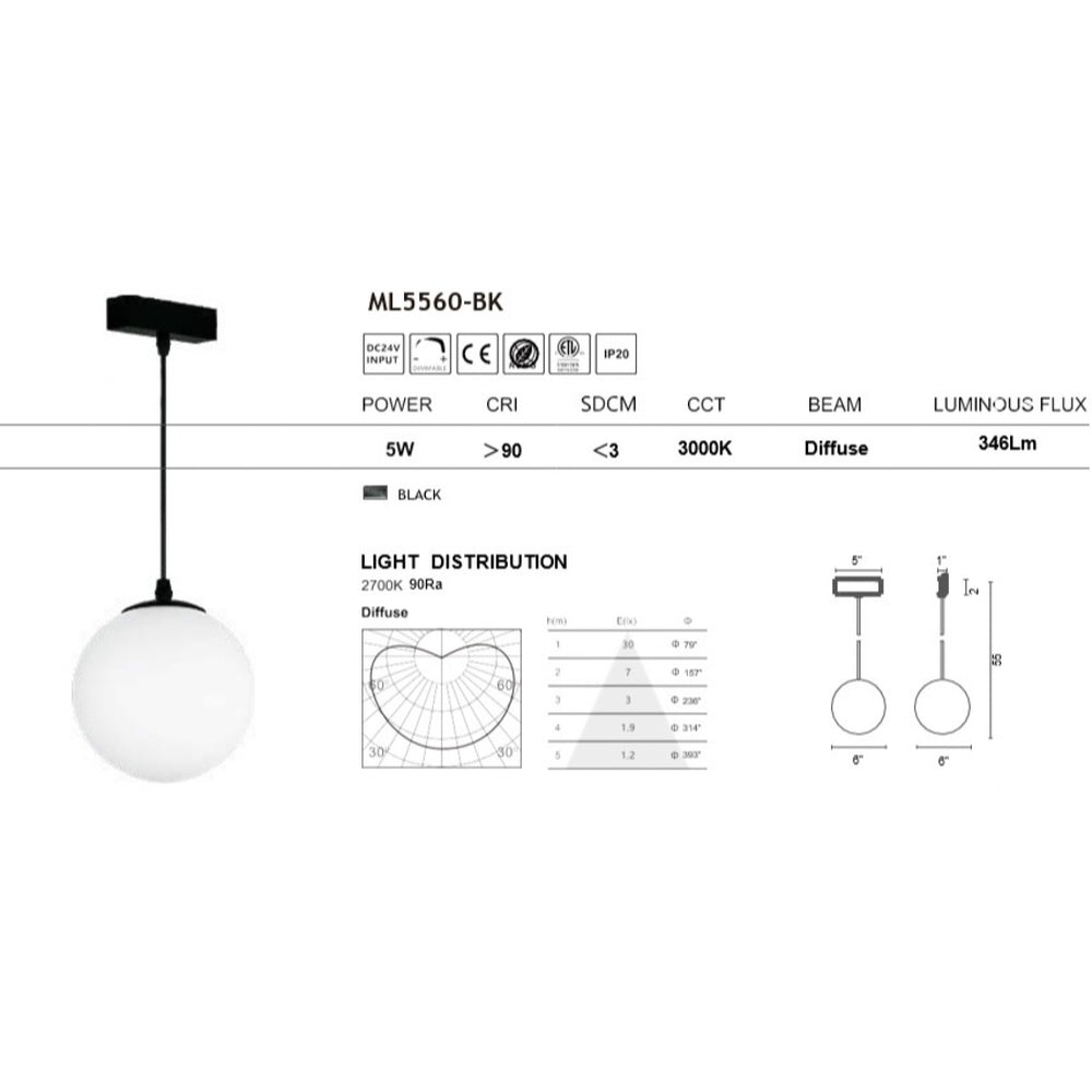 Magnetix Wide Round Globe Pendant/White Glass 5-Watts by Avenue Lighting - view 2