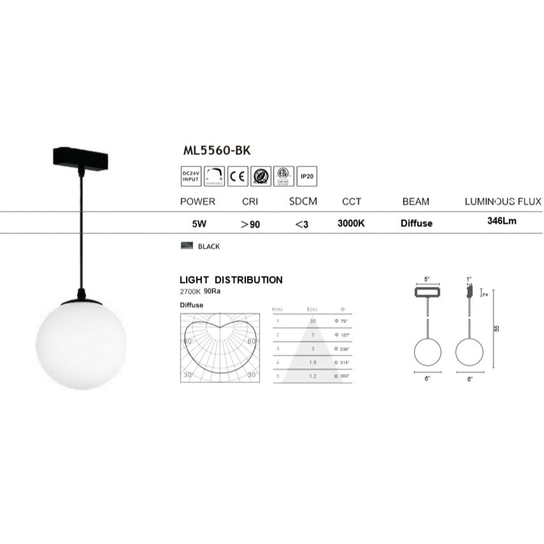 Magnetix Wide Round Globe Pendant/White Glass 5-Watts by Avenue Lighting - view 2