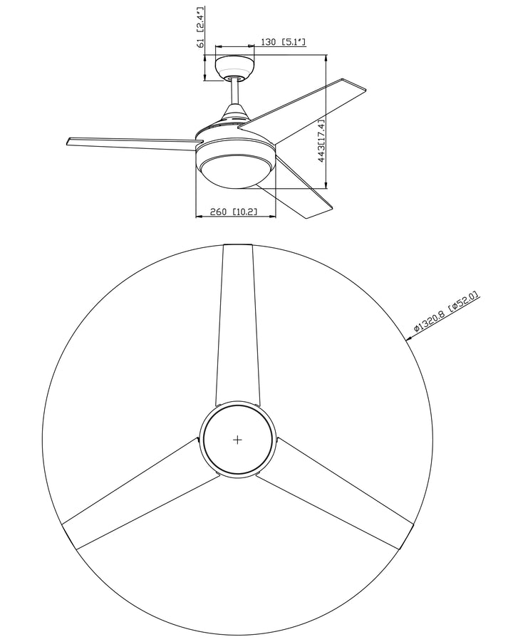 Trio 52" 3-Blade Fan dimensions diagram