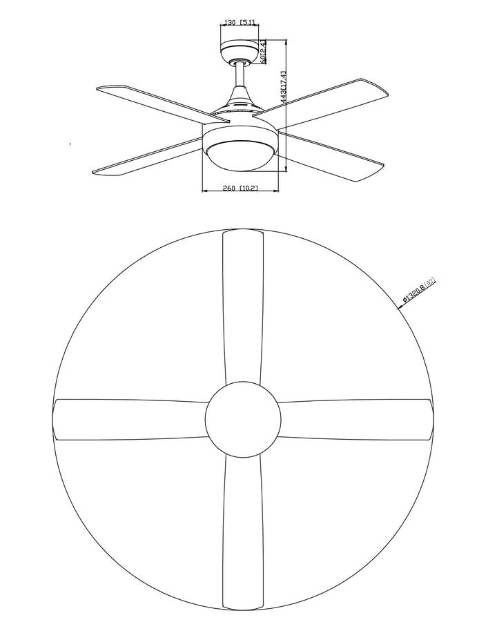Quattro 52" 4-Blade Fan w LED dimensions diagram