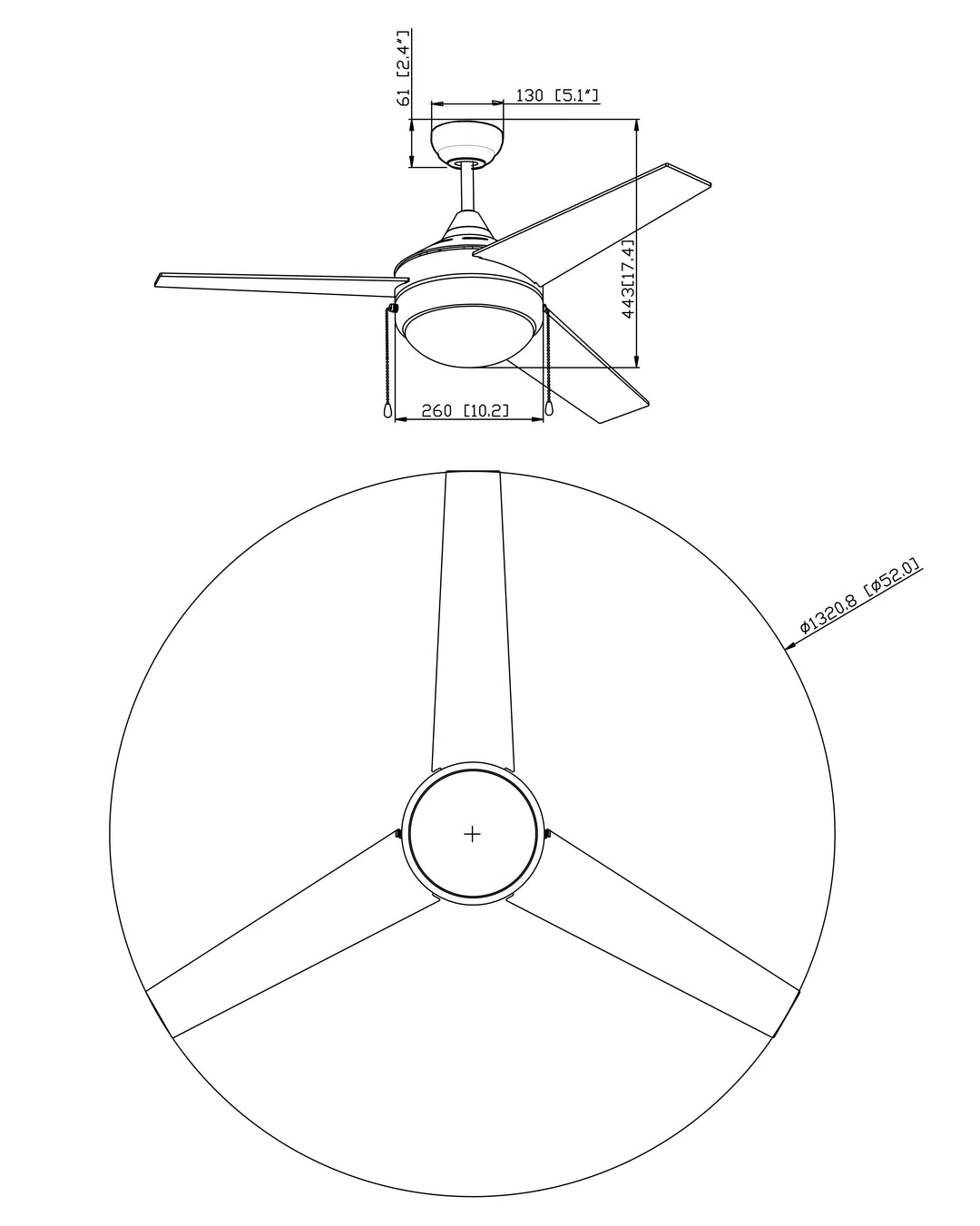 Trio Pull 52" 3-Blade Fan w Pull Chain dimensions diagram