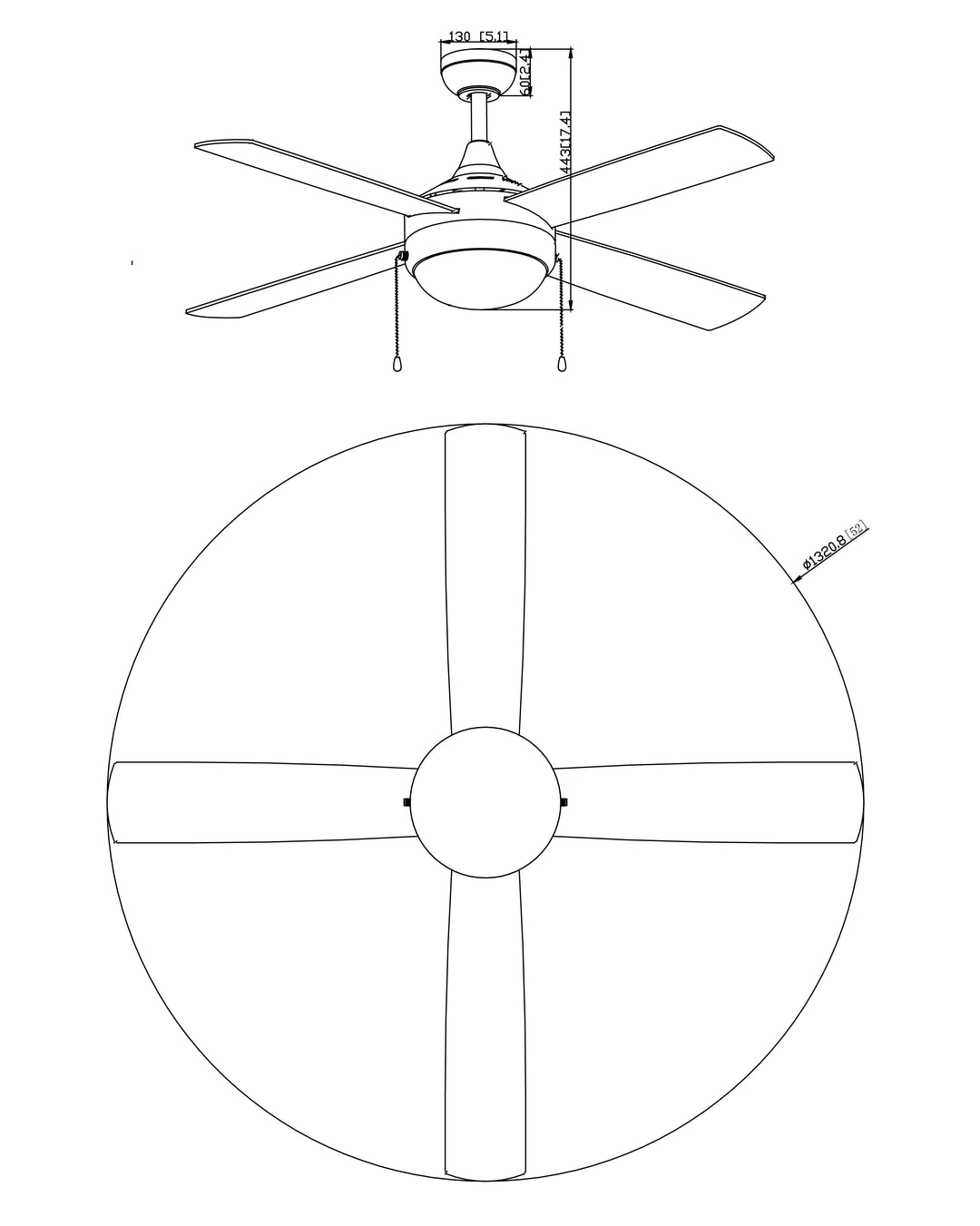 Quattro 52" 4-Blade Fan w Pull Chain dimensions diagram